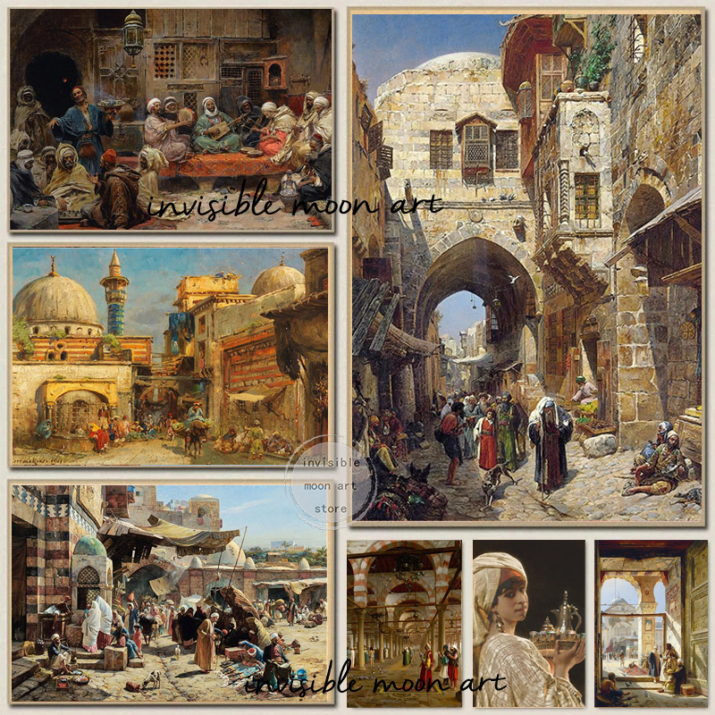 Retro alte arabische Syrien Nahen Straßenmarkt Lebens Moschee Landschaft Kunstplakat Leinwand Maldruck Bild Hausdekoration