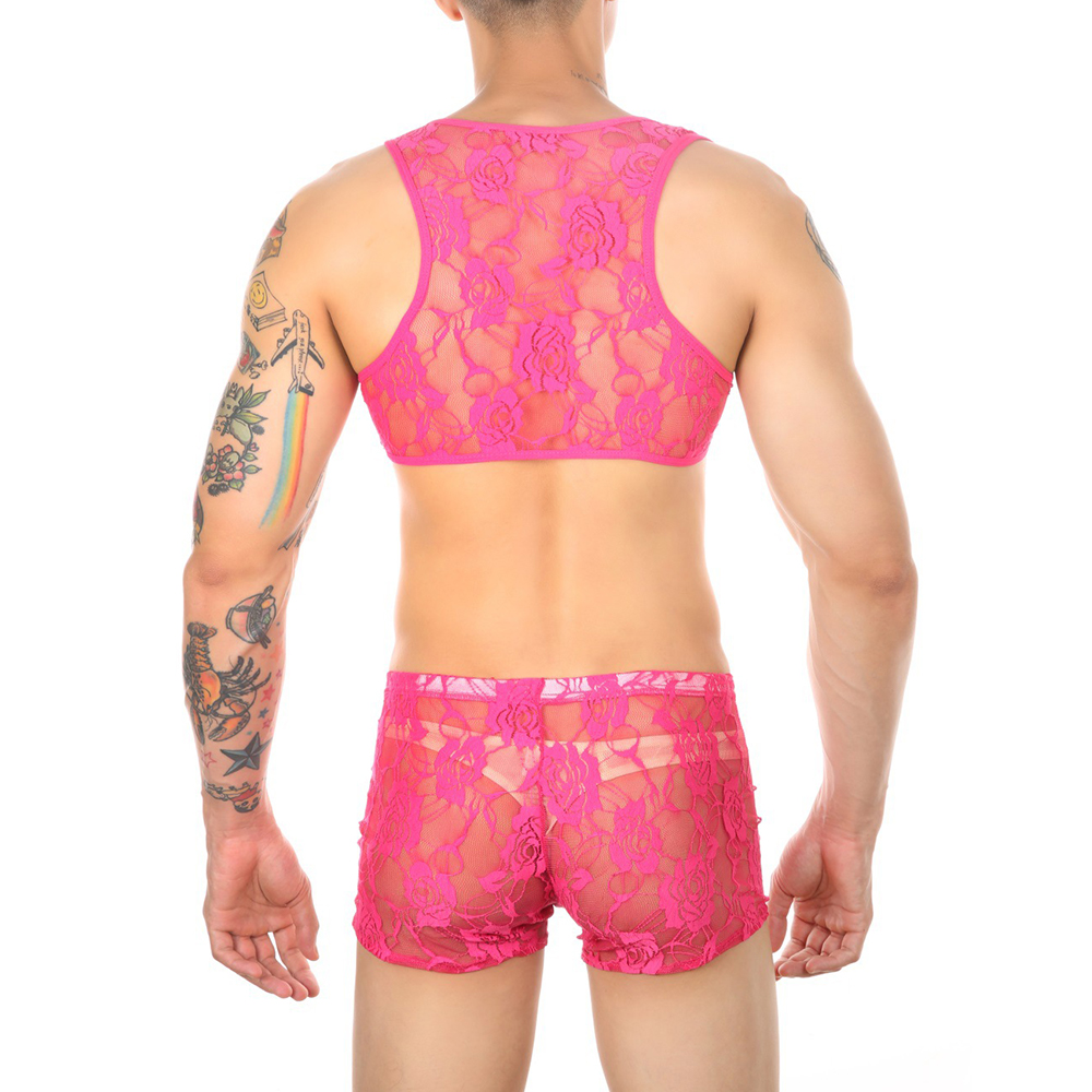 Hommes sous-vêtements set gay vêtements de soutien-gorge short top shorts sissy lingerie sexy en dentelle enveloppe et boxeurs voir à travers un ensemble transparent