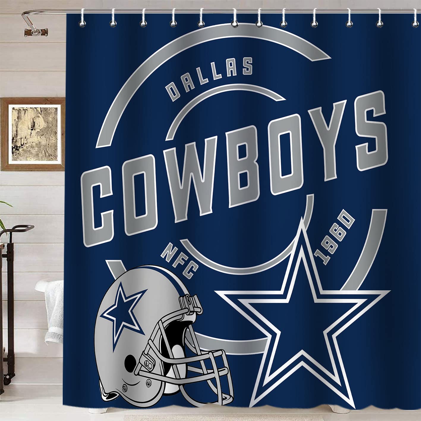 White Navy Blue American Football Shower Curtain, Modern Texas Star Grey Rugby Athlete Hjälm Cool Sports Waterproof Bath Curtain