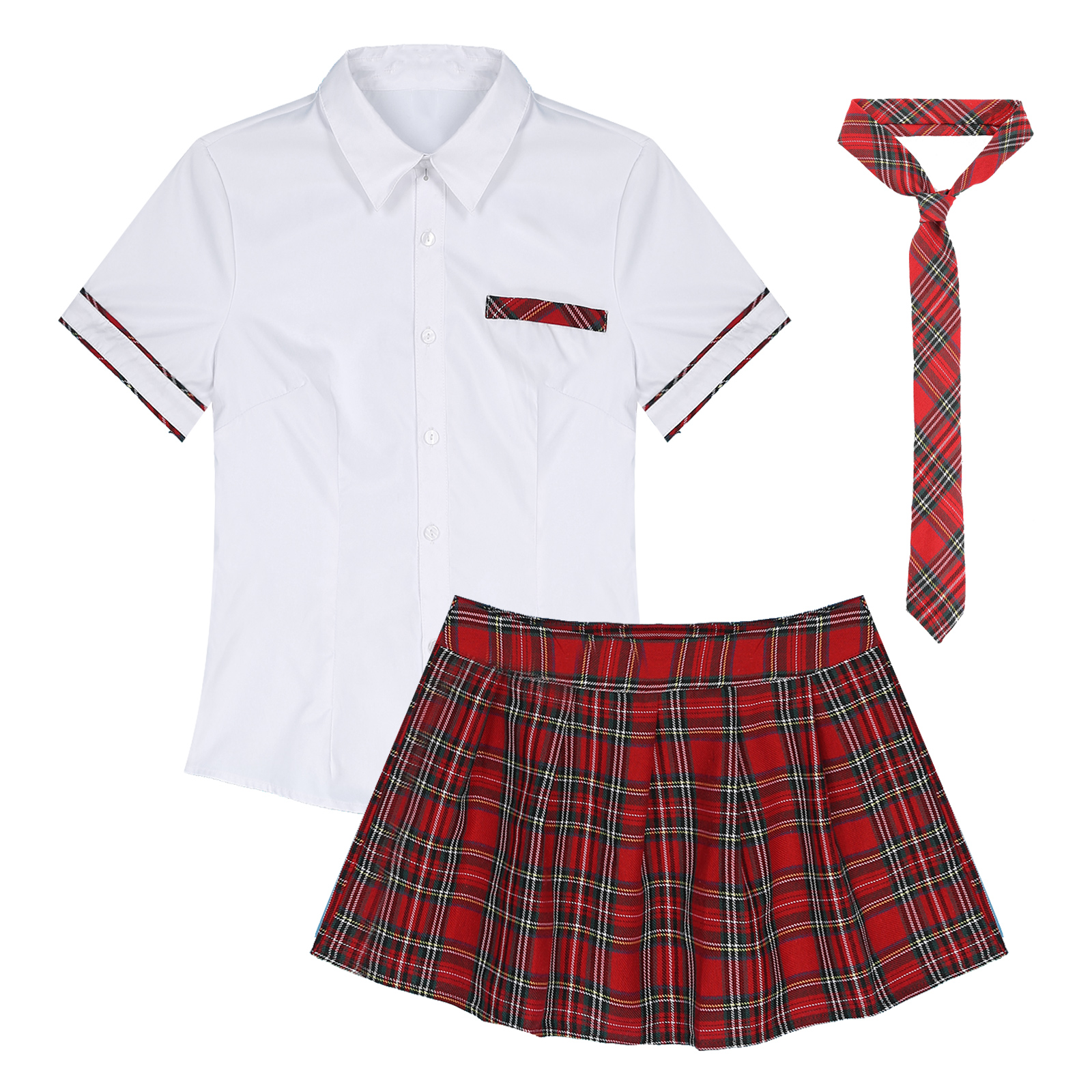 Womens Schoolgirl Cosplay Costume Halloween Party Outfit School Uniform Short Sleeve Shirt with Plaid Skirt And Tie Set
