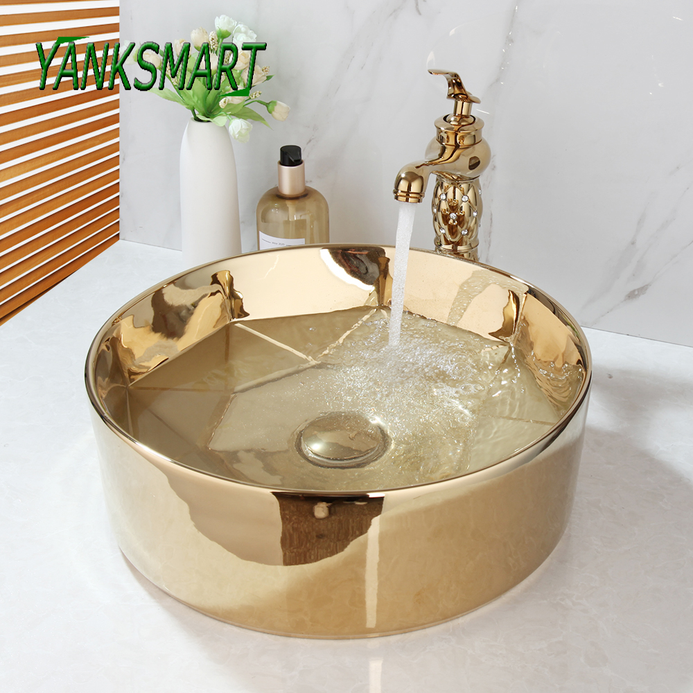Yanksmart Round Gold Ceramic toalettbadrum kombinerat tvättbassängkassinbassäng Mixer kranar med pop-up dräneringskombo-kit
