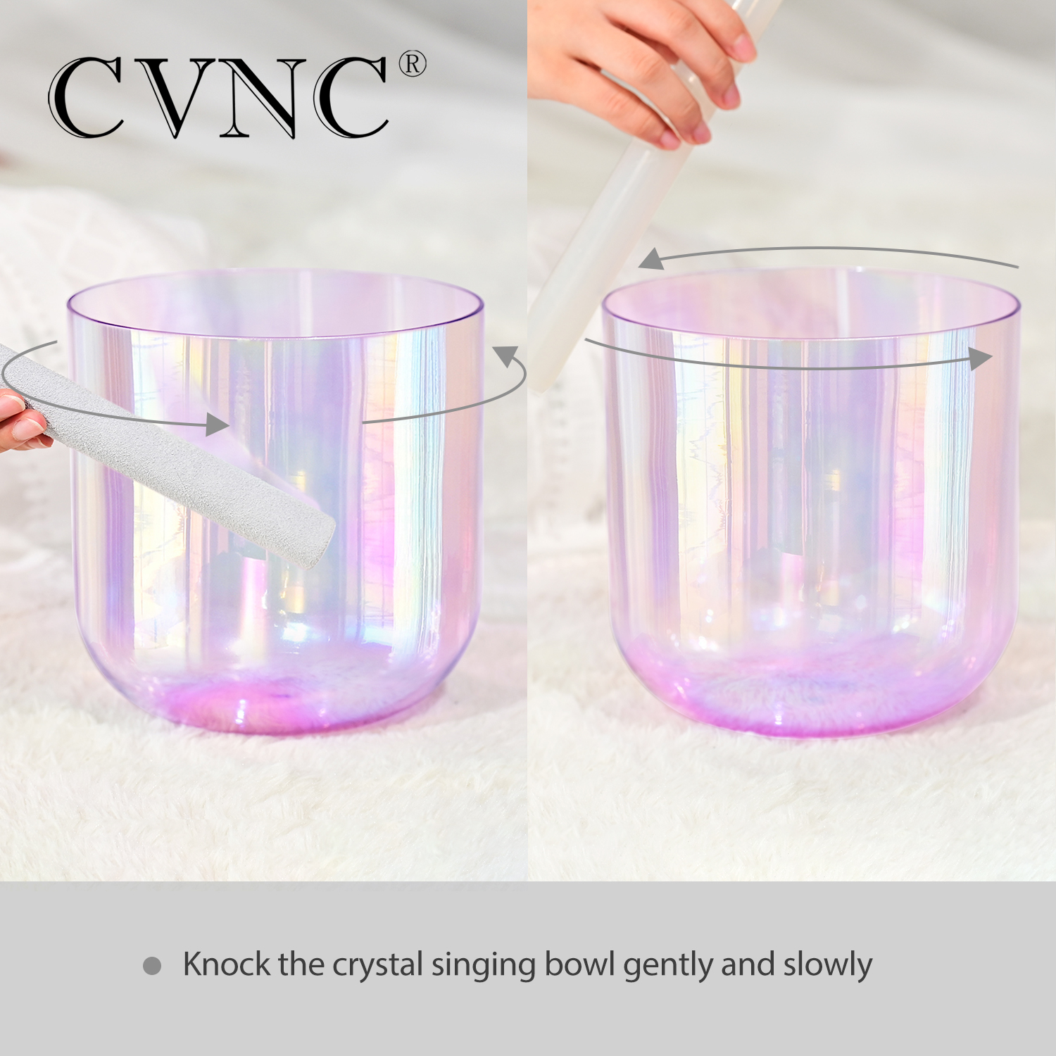 CVNC 7 polegadas Alquimia Clear Quartz Crystal Singing Purple com luz cósmica para cicatrização de som com martelo livre e O-ring