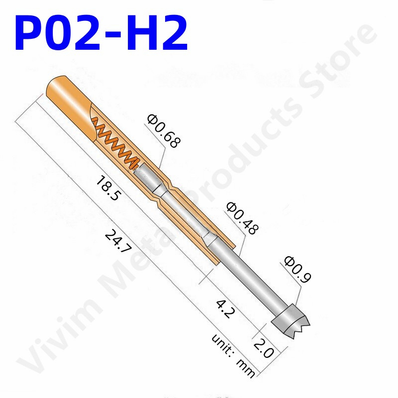 100st P02-H2 Fjäderteststift P02-H Testsond Koppar Pogo Pin Metal Test Nål Testverktyg 24,7 mm dia 0,68 mm 0,90 mm 0,48 mm