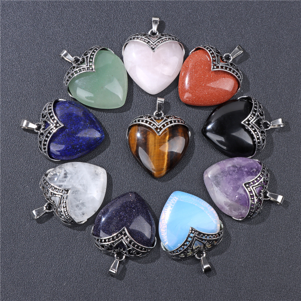 Vintage Heart Shape Stone Pendant Amethysts Lapis Lazuli Quartzs Charms For Jewelry Making Earrings Necklace Handmade DIY 