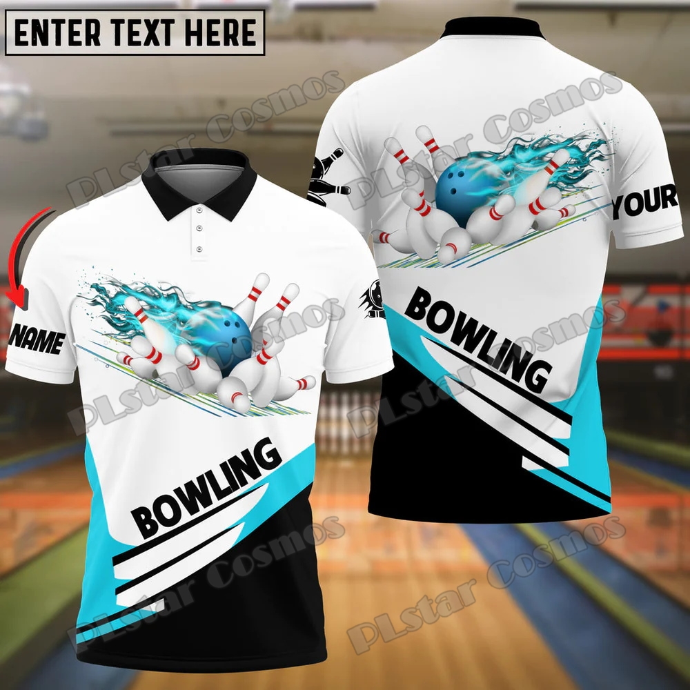 Boule d'eau de bowling bleu et blanc et broches Nom personnalisés 3D Polo Men pour hommes Summer Unisexe Street Casual Shirt Pol98