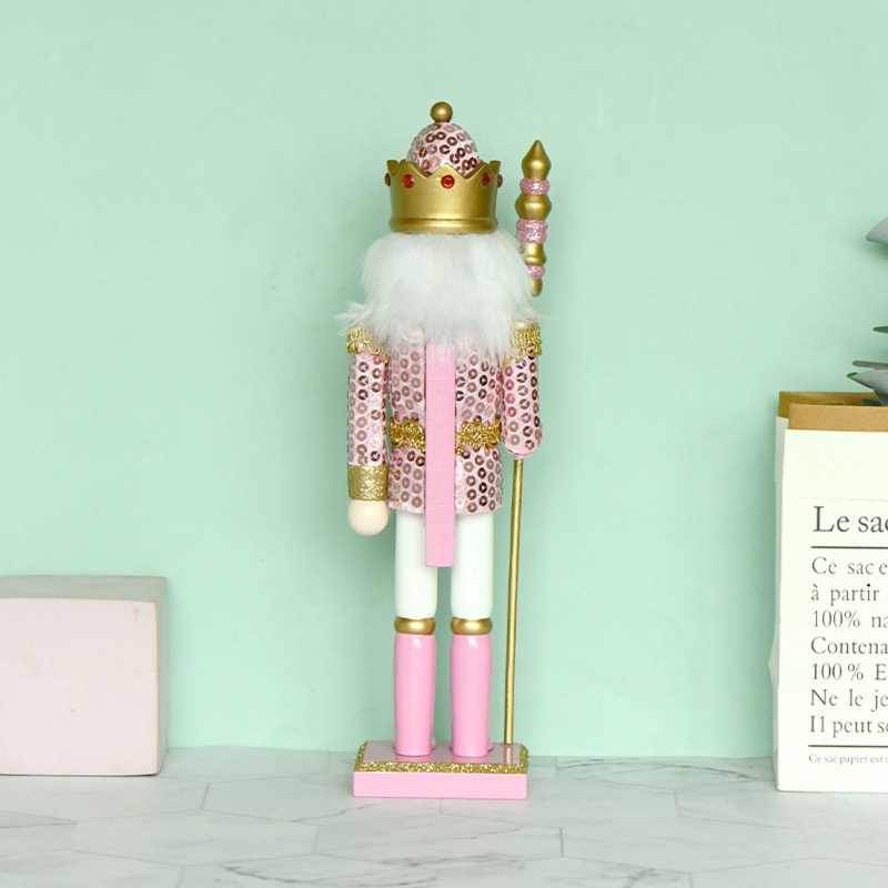 30cm Christmas Wooden Pink King Nutcracker Soldier Ornament Wooden Figures Craft for Xmas Festival Party Home Desktop Decoration