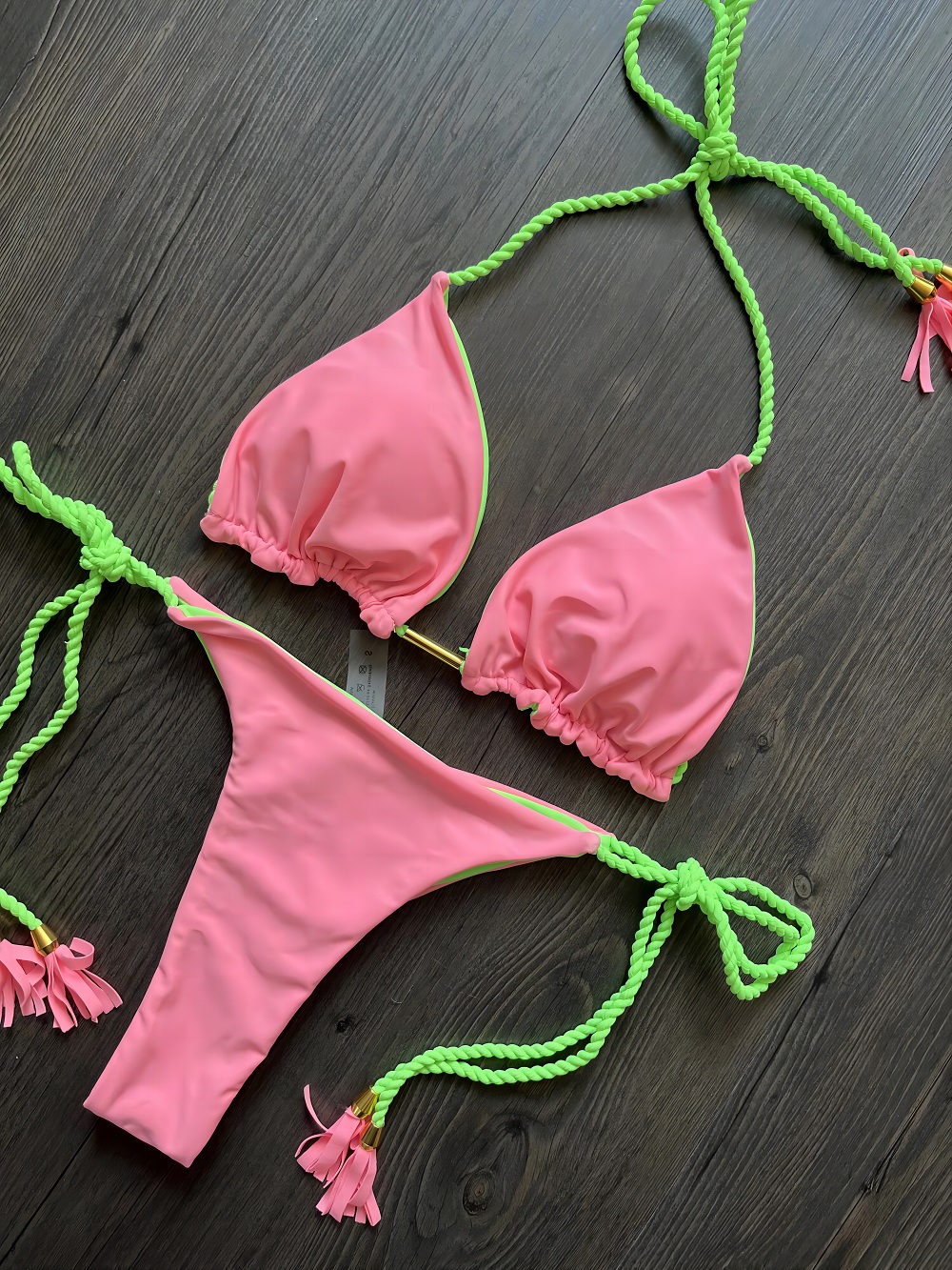 2023 Bikinis Feminino Swimsuit Sexy Bikini Set Braided Rope Swimwear Women Bathing Suit Rose red light green Patchwork Biquinis