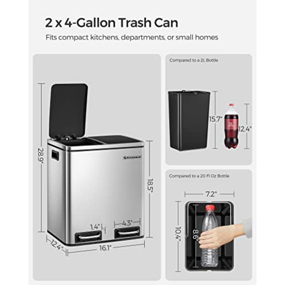 Garbage Can, Steel Pedal Recycle Bin with Lid and Inner Buckets, for Small Kitchens, Fingerprint-Proof,