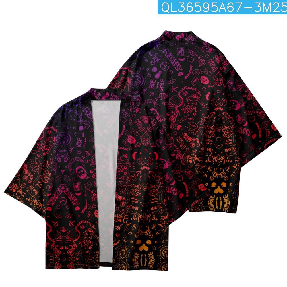 Summer Men Haori Casual Cosplay Vintage Yukata Japanese Samurai Beach Kimonos Black Print Cardigan And Shorts Set