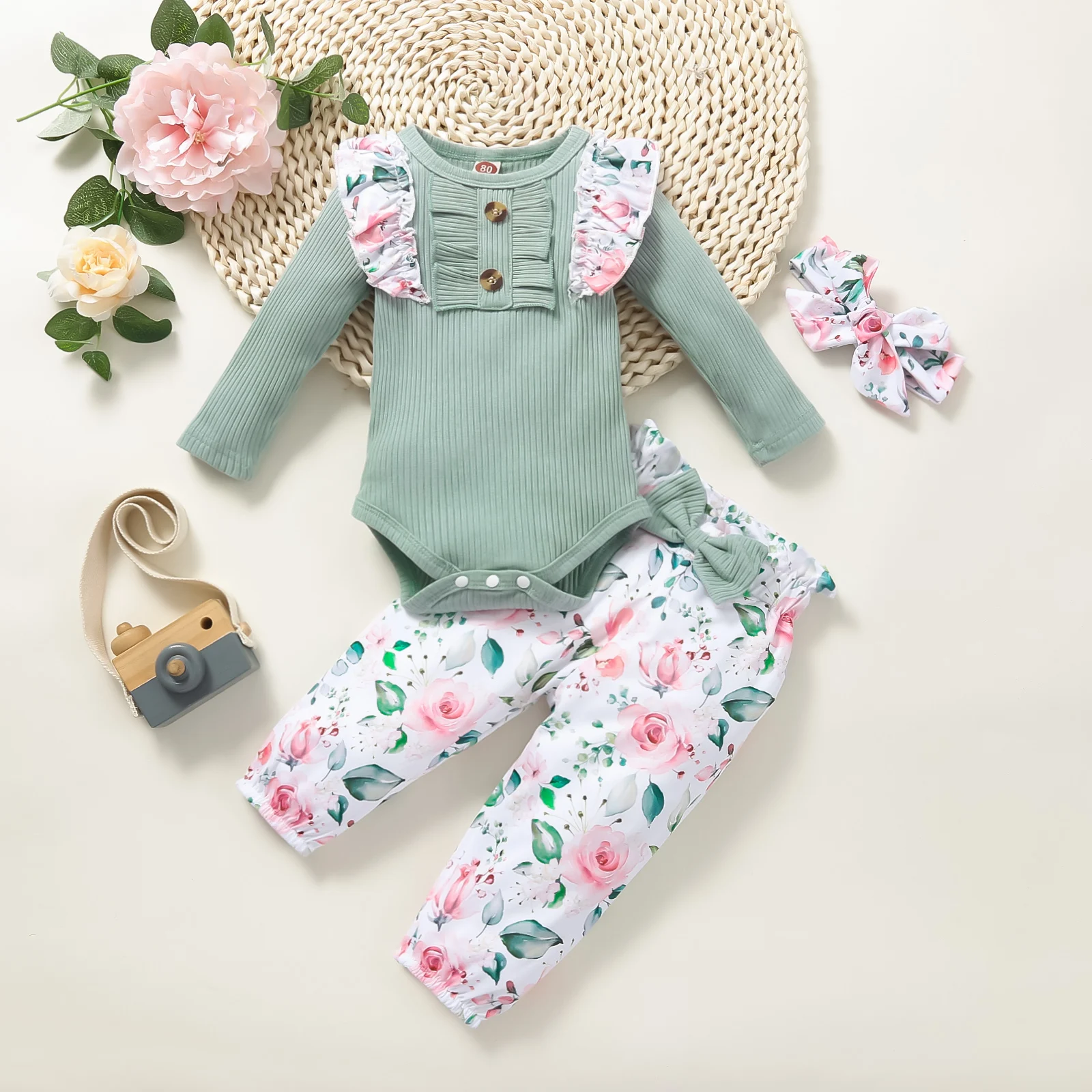 Trousers Fall Winter Newborn Baby Girl Clothes Lounge Set Long Sleeve Top Floral Pants Headband 3 6 12 18 Month Kids Children Outfit