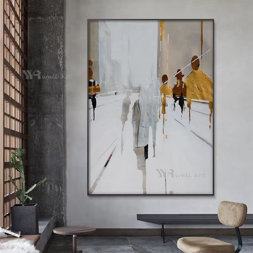 Hand Drawn Oil Painting Abstract Gold Foil Character Wall Art Poster Modern Street View Canvas Picture Living Room Bedroom Porch