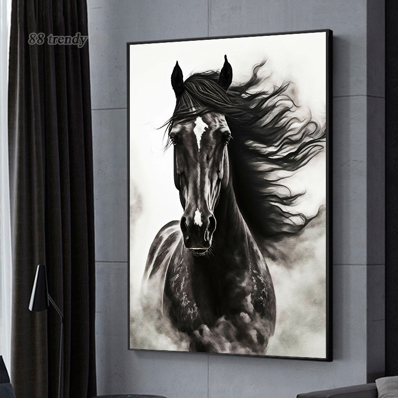 Mooie paarden abstracte kunst canvas schilderen zwart, witte paarden poster en prints dierenwall art foto's voor woonkamer decor