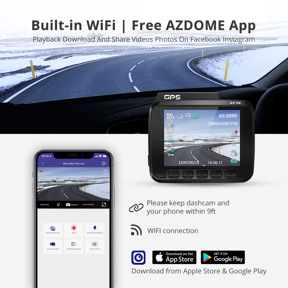 Azdome GS63H الأصلي بني في GPS Wi-Fi UHD 2160p Front + VGA Camera Car Car DVR Recorder 4K Dash Cam DashCam WDR Night Vision