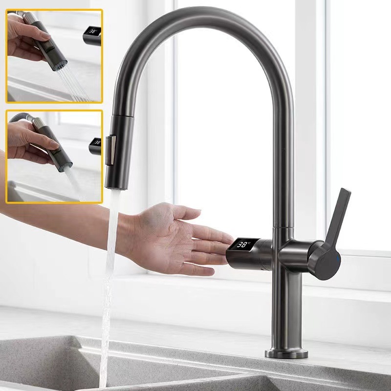 Кухонный смеситель умный датчик -раковина Temp Digital Show Kitchen Mixer Taps Kitchen Tap No Lead Lass Material Grey