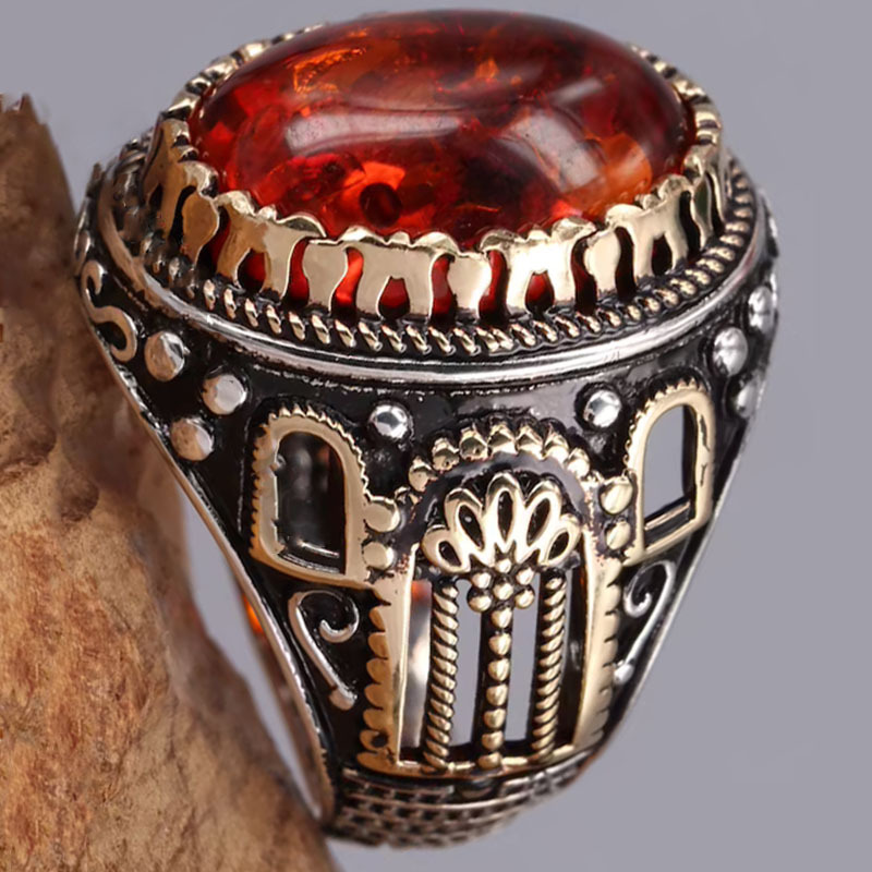 Retro handgemaakte Turkse zegelringen voor mannen oude zilveren kleur gesneden adelaar ring mystiek kristal inleg punk motor biker sieraden