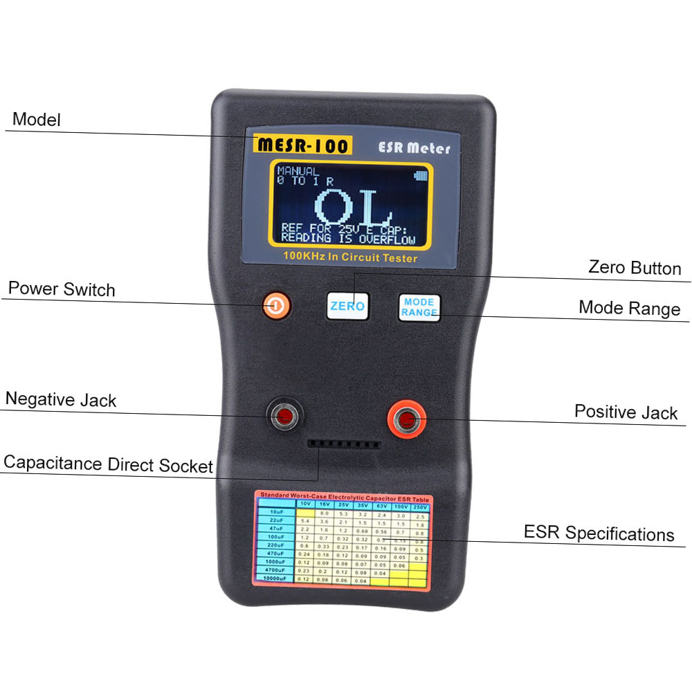 MESR-100 ESR Testador de capacitor ohm medidor Medindo resistência interna do medidor de capacitador de capacitância do capacitância do capacitância