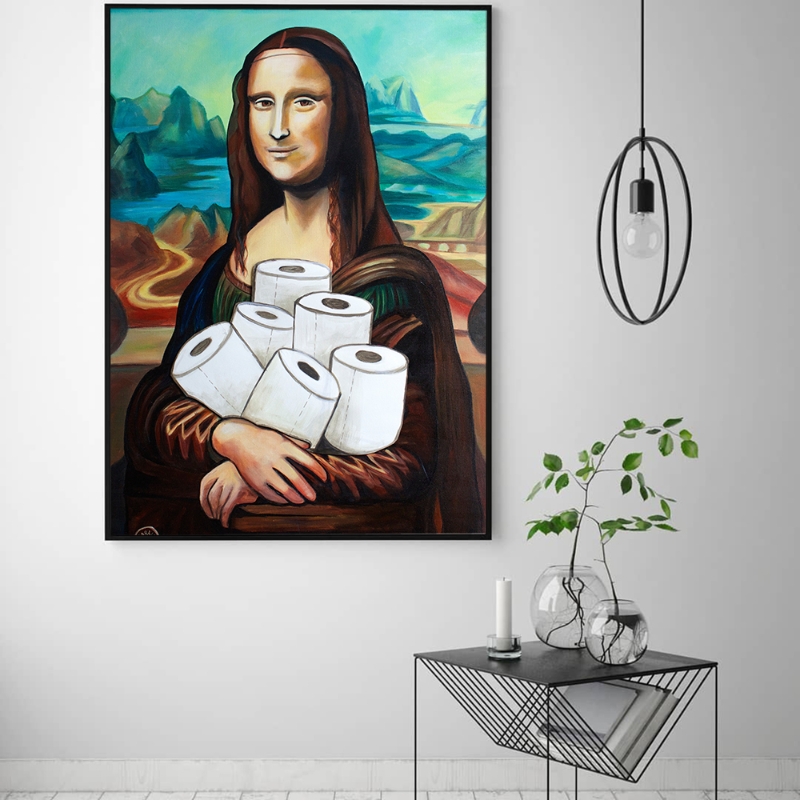 Divertimento wc wall art mona lisa con carta igienica e bagno bagno igienica unica in tela umoristica dipinta arredamento bagno