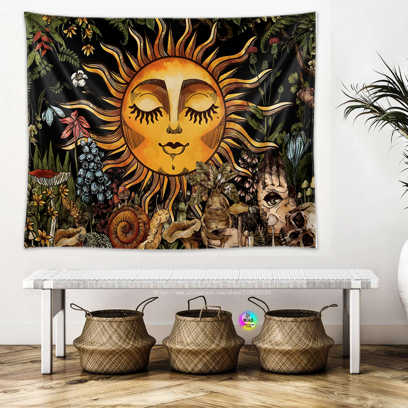 Burning Sun Vintage Floral Plantes et laisse un escargot hippie mystique et un mur de tapisserie hippie suspendu pour décoration de chambre