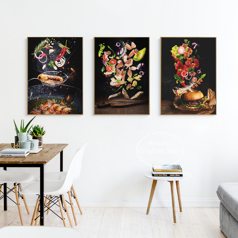 Smaczne mięso i składniki plakat ściany kuchennej Płótna obrazy makaron makaron latającego jedzenia sztuka sztuka obrazek restauracja dekoracje domu
