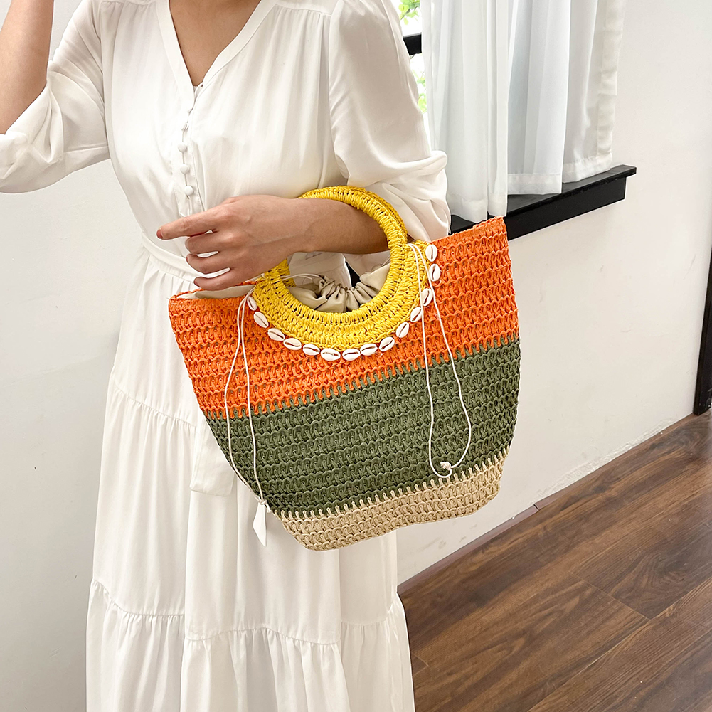 Summer Contrasting Colors Straw Weaving Bag Women Hand-Woven Bag Bucket Shape Patchwork Top-Handle Bags Paper Rope Handbags Tote