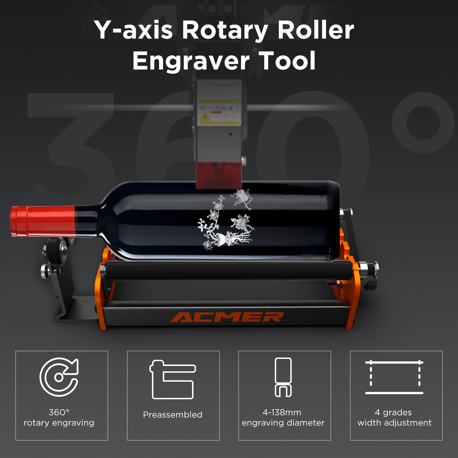 ACMER M2 Laser Rotary Roller Laser Engraver Y-axis Rotary Roller 360° Rotating for 4-138mm Different Engraving Diameter 4 Gears