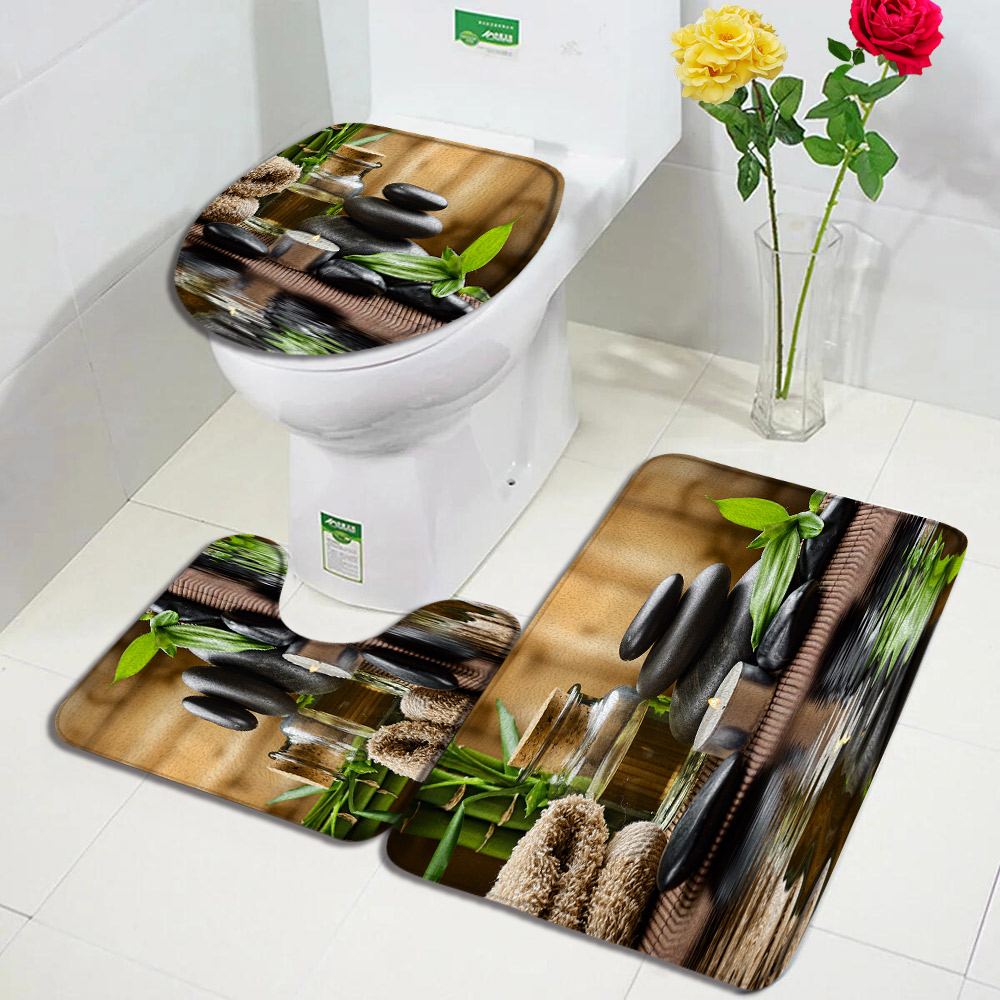 Zen Bath Mat Set Green Bamboo Black Stone Flower Swan Landscape Home Floor Carpet Bathroom Decor Non-Slip Rugs Toilet Lid Cover