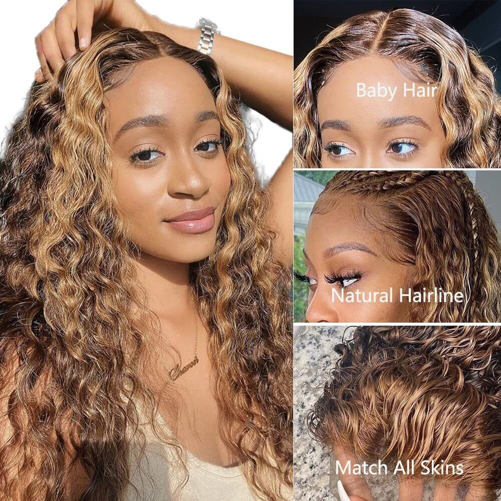 30 pouces Highlight Ombre 13x4 Curly Human Hair Lace Lace Frontal Wig Brésilien Remy Honey Blonde Deep Wave T Part Front Perrette pour les femmes