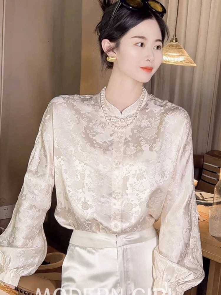 Women's Blouses Shirts Satin Womens Shirts Silk Flower Chinese Style Blouses O-neck Spring/Summer New Ladies Clothing Loose Long Sleeves Fashion Tops 240411