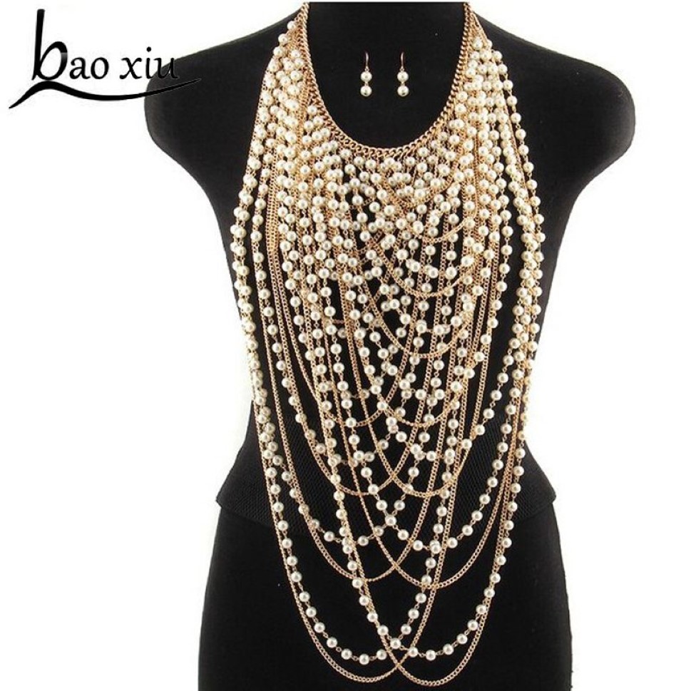 Överdriven pärlstav superlånga hängen halsband kvinnor trendiga pärlchoker halsband kropp smycken guld axel kedja y200918316j