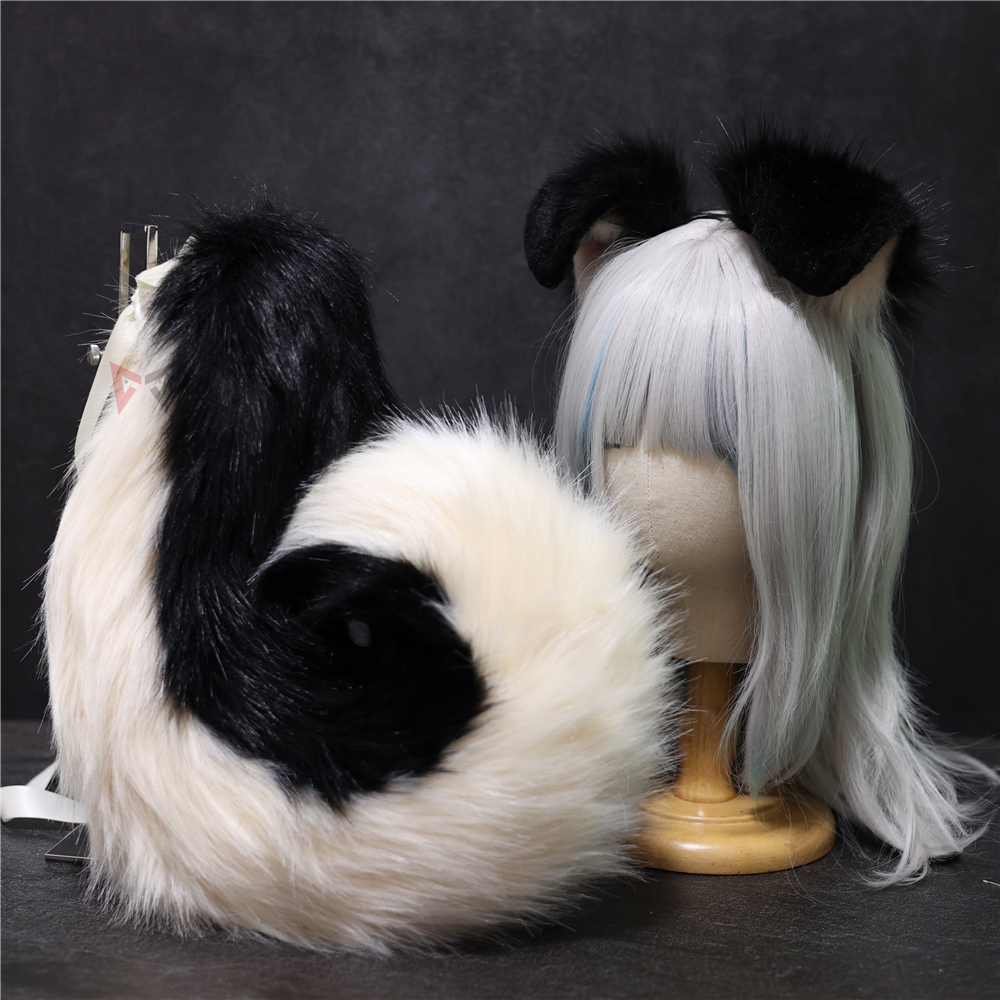 Nytt handgjorda arbete svartbruna vita hundörar vikstil svans hårhoop hårband huvudband huvudbonad cosplay kostymtillbehör