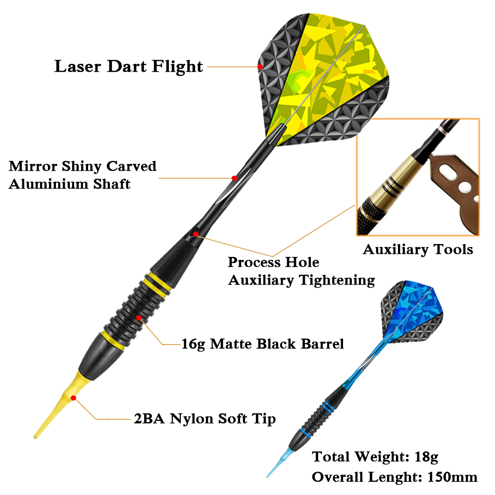Plastic Soft Tip Darts Set, Laser Dart Flight for Electronic DartBoard, 30 Extra Tips, Protectors, Storage Case, 18g