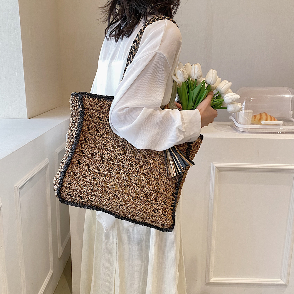 Summer Straw Bags for Women Straw Shoulder Bags Rattan Woven Boho Wicker Beach Tote Handbags Hollow Out Tassel Handle Bag Bolsas