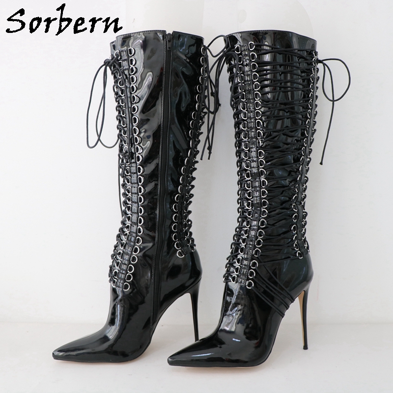 Sorbern Bottes noires brillantes personnalisées Femmes Femme High Multi Lace Up Boches Bottes High Talon Stilettos Point Toe Shoes