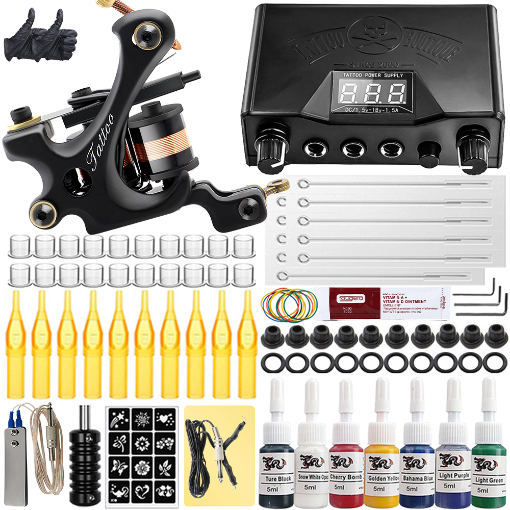 Komplettes Tattoo Kit Tattoo Machine Set Kit mit Tattoo -Nadeln Fuß Pedal Pigment Tinte Netzteil Zubehör