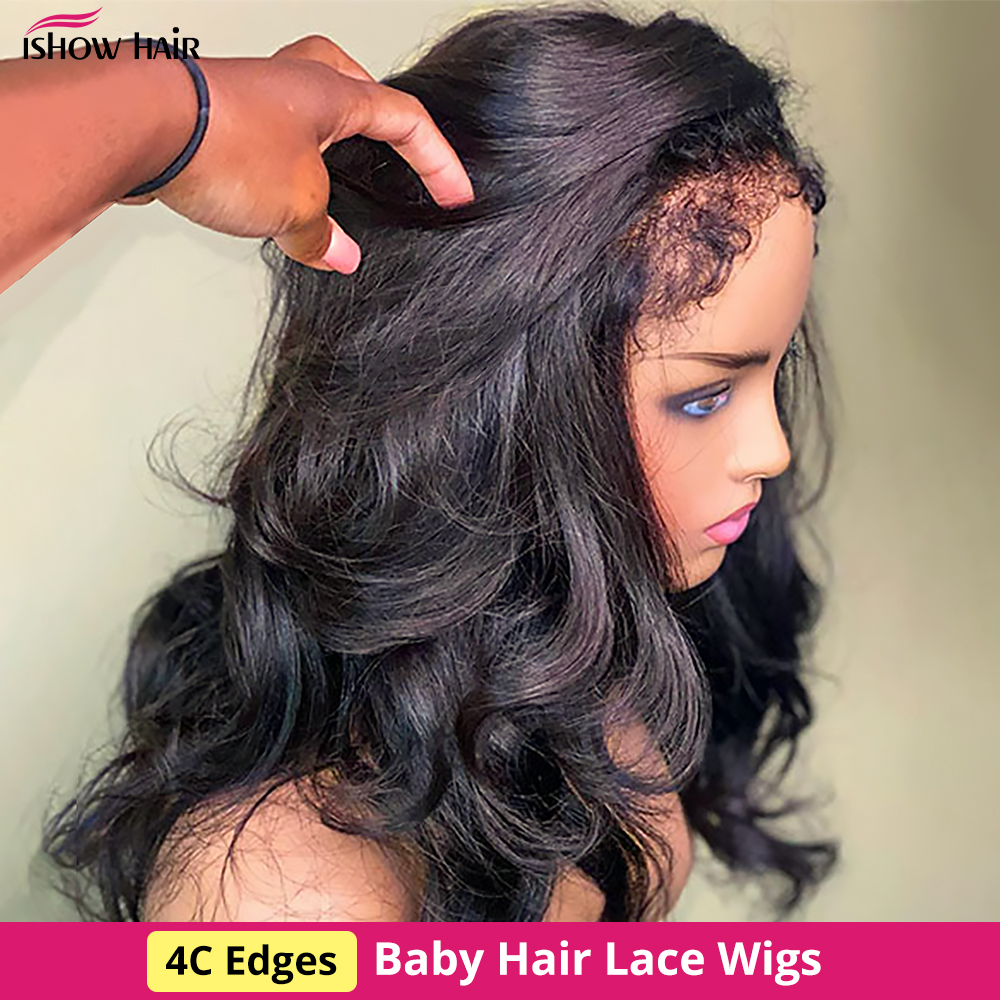 IShow 4C Body Wave Edges Baby Hair Spets Wigs 13x4 HD spets främre mänskliga hår peruker kinky kanter naturlig hårfäste peruk för kvinnor