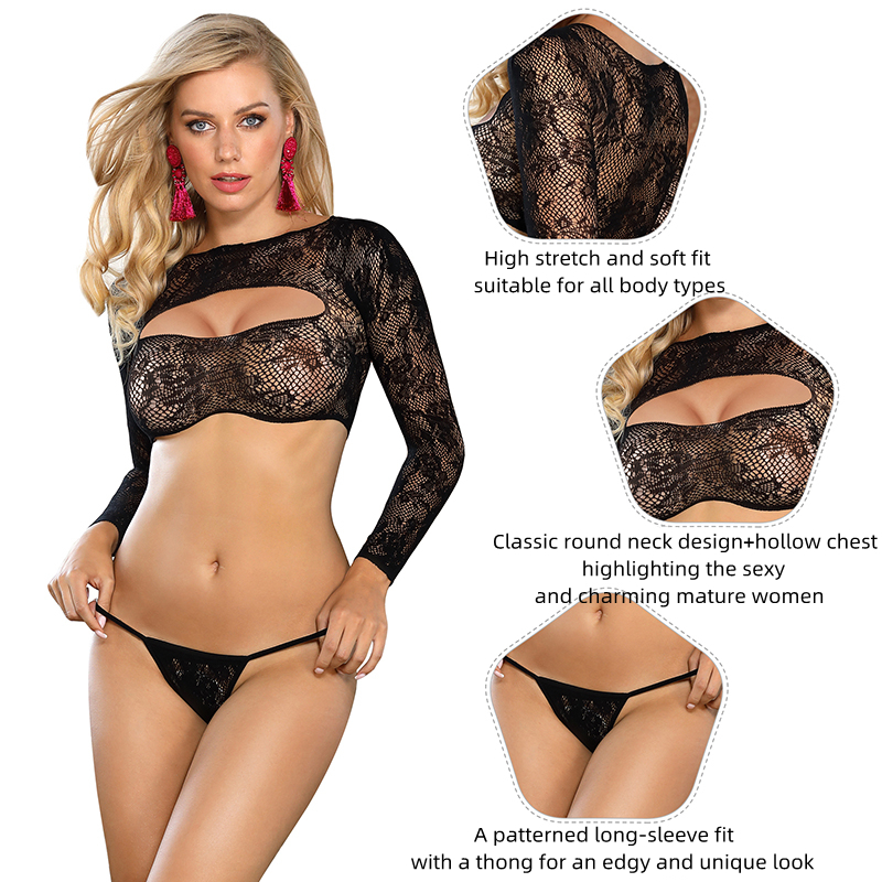 Comeondear Sexy See Through Fishnet Top Panties Set Black High Elastic Lingerie Thong Long Sleeve Floral Bikini Underwear Outfit