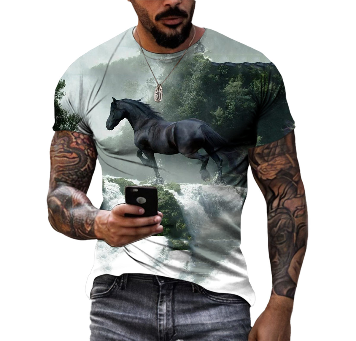 New Personality Funny Horse Summer Men's Hd 3d Printed T-shirt Crew Neck Short Sleeve Wide Comfortable Quick Drying Top Clothing