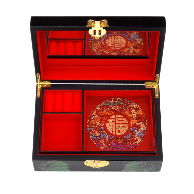 Chinois 2 couches 21x14 mm Grand Boîte de bijoux en bois rétro avec miroir Blooming Flower peinture de travail manie