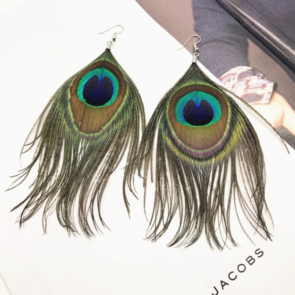 Bohemian Retro National Style Jewelry Jade Bead Long Design Peacock Feather Drop Earrings For Women Jewelry Accessories