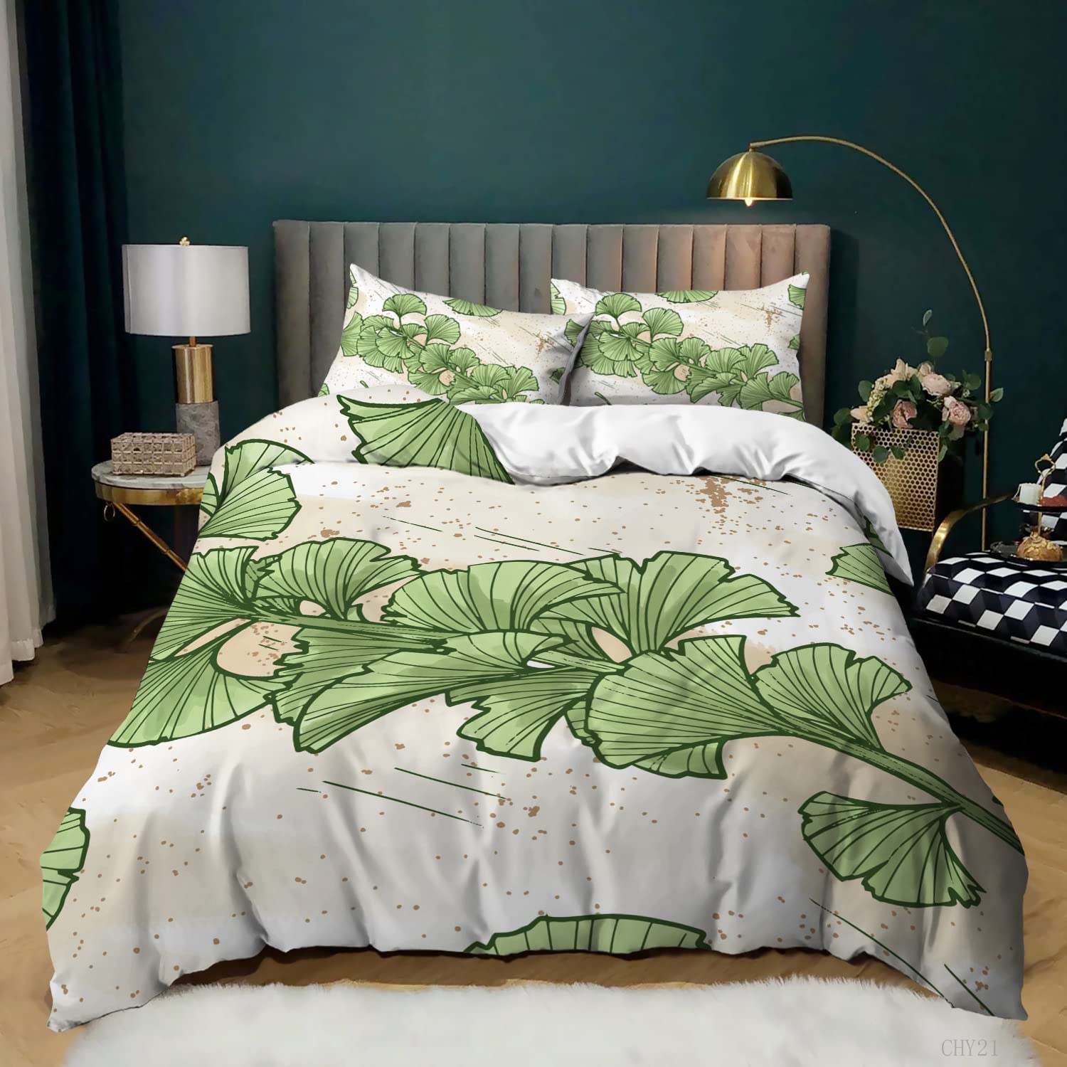 Ginkgo Botanik Nevresim Kapak Yeşil Turuncu Bitki Yorgan Kapak Yaprak Desenli Yorgan Kapağı Lüks Botanik Yatak Odası Dekorasyonu