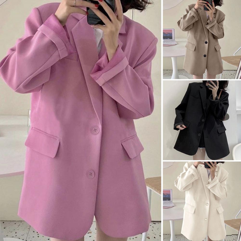 Long Sleeve Flap Pockets Two Buttons Loose Fit Casual Blazer Autumn Winter Solid Color Casual Lapel Suit Jacket Outerwear