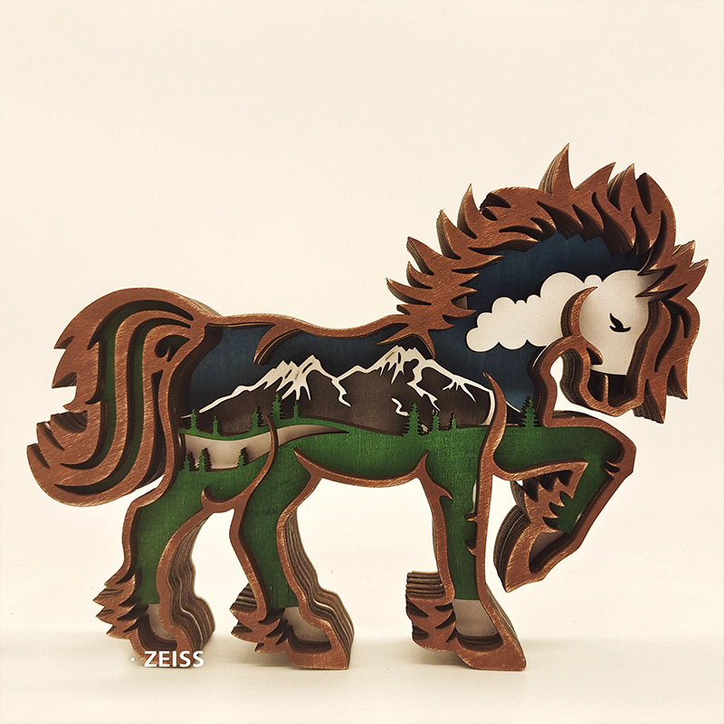 Wooden Carving Horse Animal Craft with LED Creative Hollow Multi-layer Carving Wooden Horse Christmas Gift for Home Desk Decor