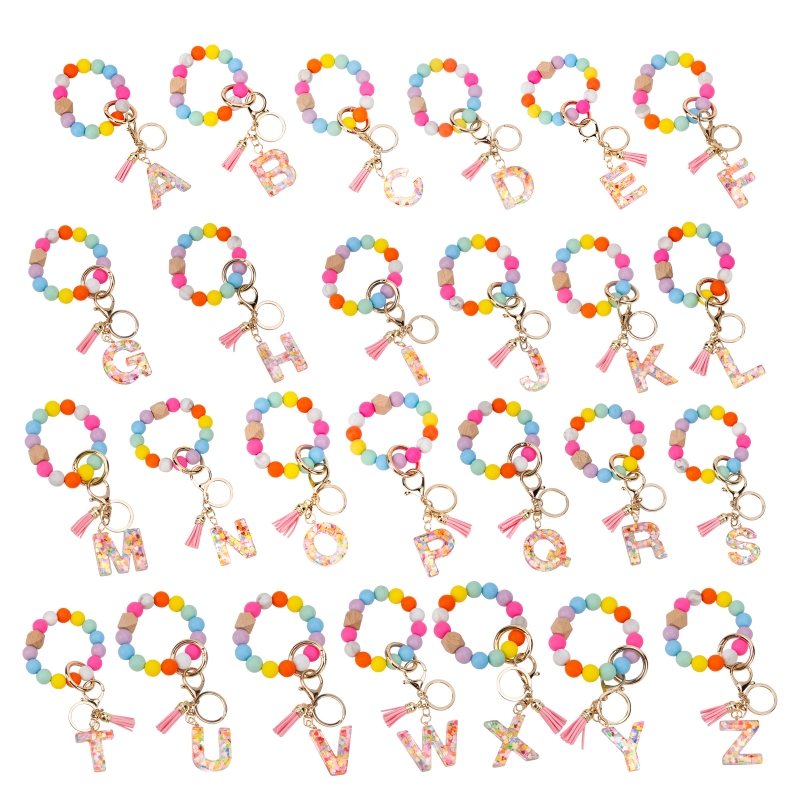 Pink sequin resin 26 letter key chain Silicone bracelet fringe beaded accessories Key pendant