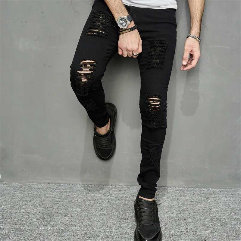 Herrbyxor streetwear mens fashionabla hål svart tight jeans mens vår jogging casual blyerts denim byxor herr byxor j240409