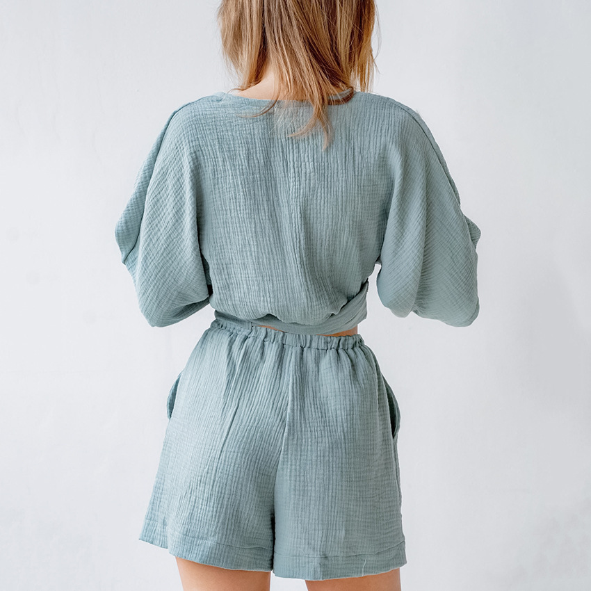 Summer Full Gauze Short Sleeve Tops Shorts Two-Piece Pajamas Sexy V-Neck Wrap Binding Crop Pijama Set Casual Home Clothes