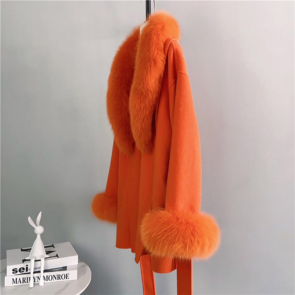 Full Circle Big Fox Päls Finländsk importerad räv Midlängd Beltstil Dubbelsidig Wool Coat Women's Temperament Pure Color