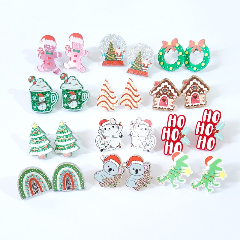 Christmas Tree Cake Gingerbread Snow Globe Kitten Rainbow Xmas Accessories for Personal Cute Stud Earrings for Woman