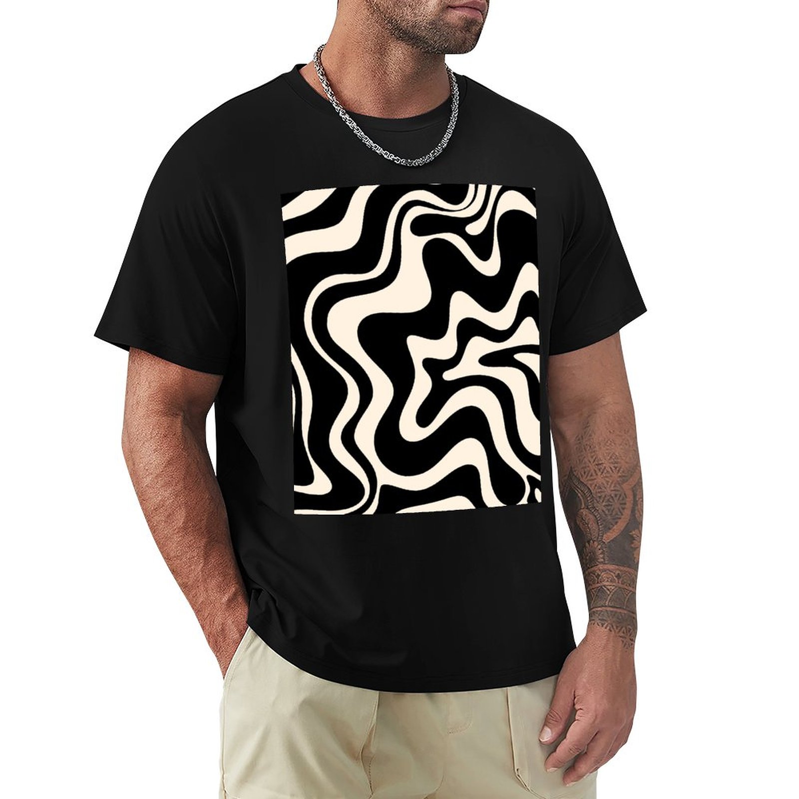 Retro Liquid Swirl Résumé Modèle en noir et amande T-shirt Blouse Sports Fan T-shirts T-shirt surdimensionné Men T-shirt