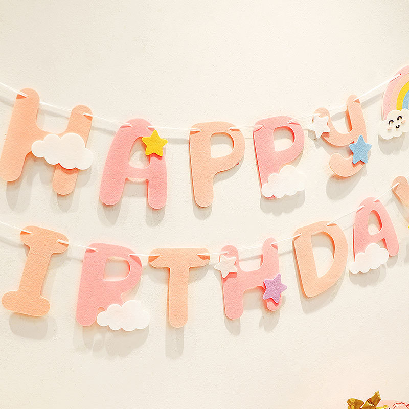 Girl's 1st Birthday Happy Party Banner Rainbow Clouds "Happy Birthday" "Be Happy" Banner Fabric Birthday Hanging Banner Garland