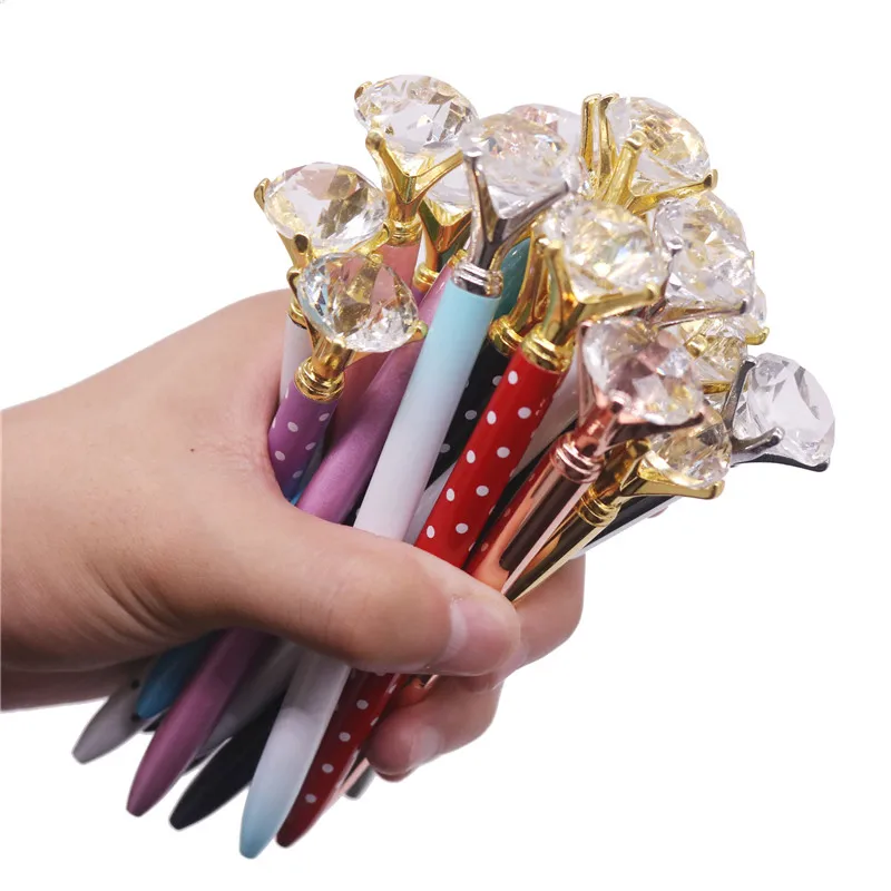 Stylos Big Diamond Crystal Pen Gem Ballpoint Pens Ring Wedding Metal Ballpen Kawaii Magical Pen Fashion School Office Supplies